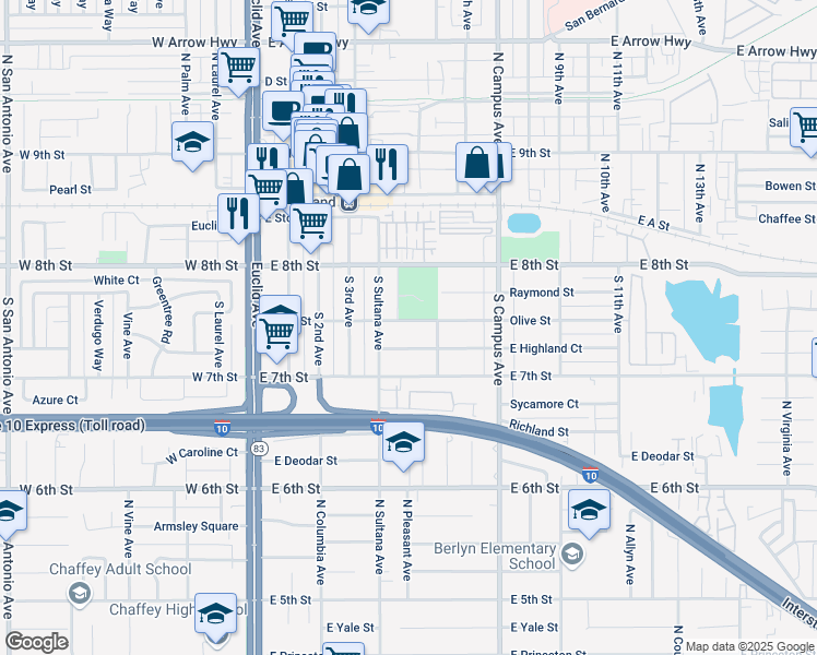 map of restaurants, bars, coffee shops, grocery stores, and more near 500 Olive Street in Upland