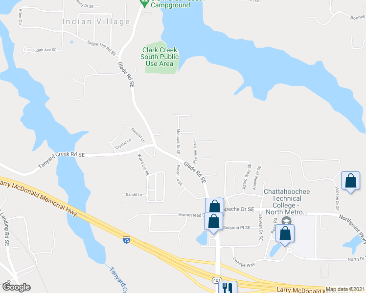 map of restaurants, bars, coffee shops, grocery stores, and more near 6860 Mohawk Drive Southeast in Acworth
