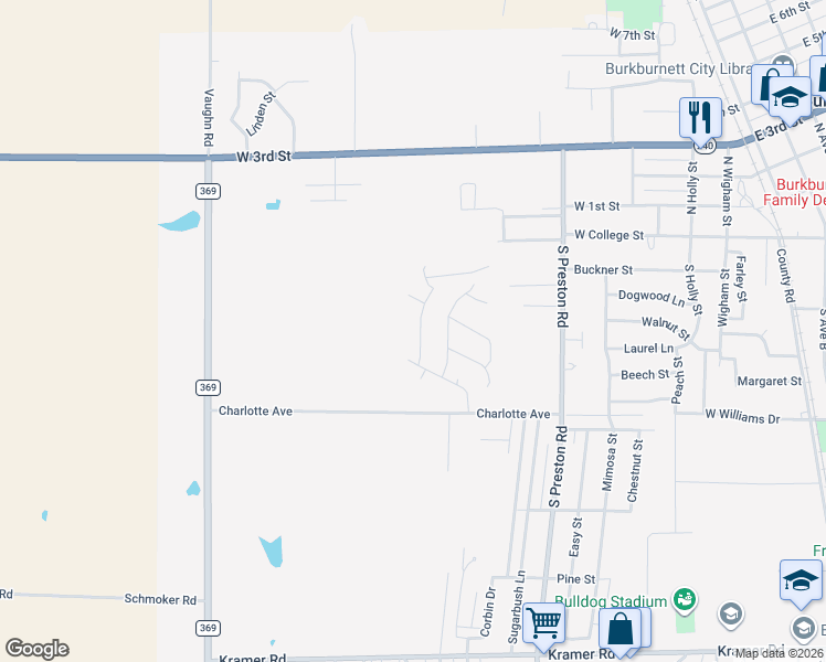 map of restaurants, bars, coffee shops, grocery stores, and more near 125 Stonebridge Street in Burkburnett