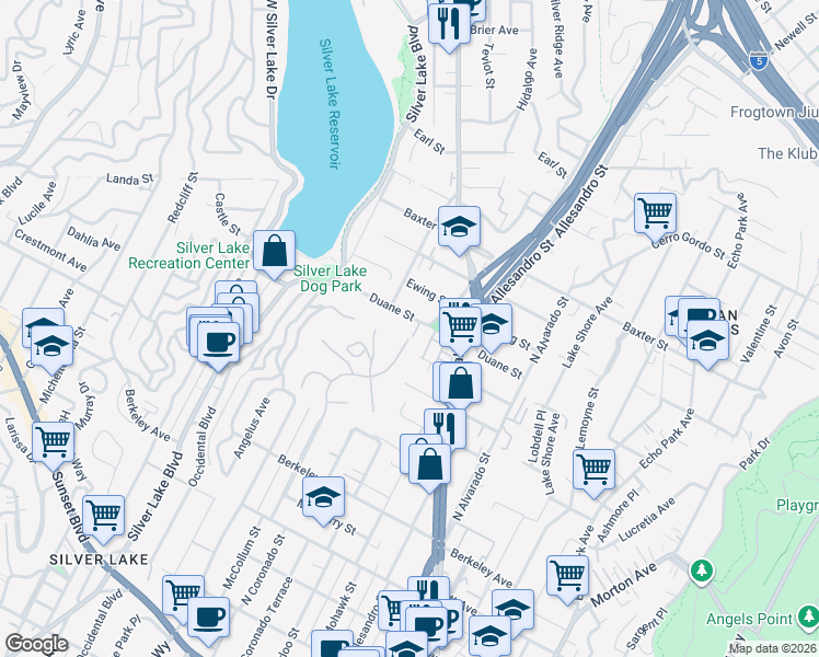 map of restaurants, bars, coffee shops, grocery stores, and more near 2258 Duane Street in Los Angeles