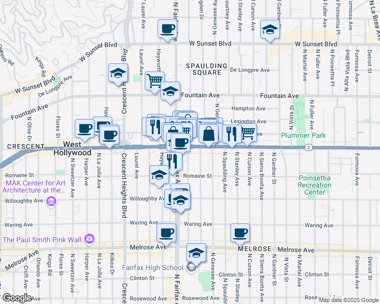 map of restaurants, bars, coffee shops, grocery stores, and more near 1062 North Orange Grove Avenue in West Hollywood