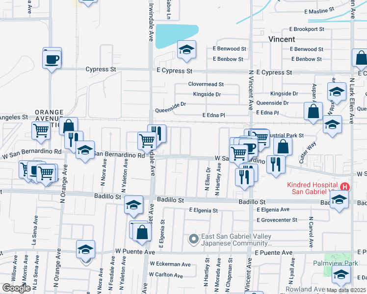 map of restaurants, bars, coffee shops, grocery stores, and more near 4222 North Broadmoor Avenue in Covina