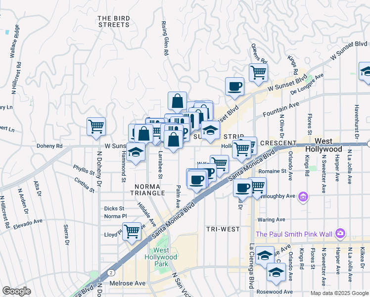 map of restaurants, bars, coffee shops, grocery stores, and more near 8752 Holloway Drive in West Hollywood