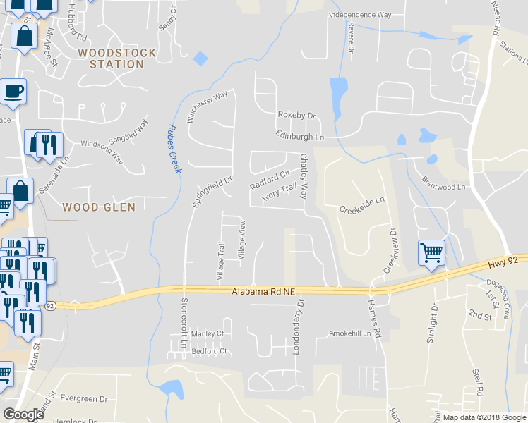 map of restaurants, bars, coffee shops, grocery stores, and more near 644 Radford Circle in Woodstock