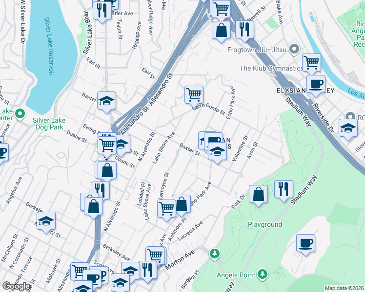 map of restaurants, bars, coffee shops, grocery stores, and more near Lemoyne Street & Baxter Street in Los Angeles