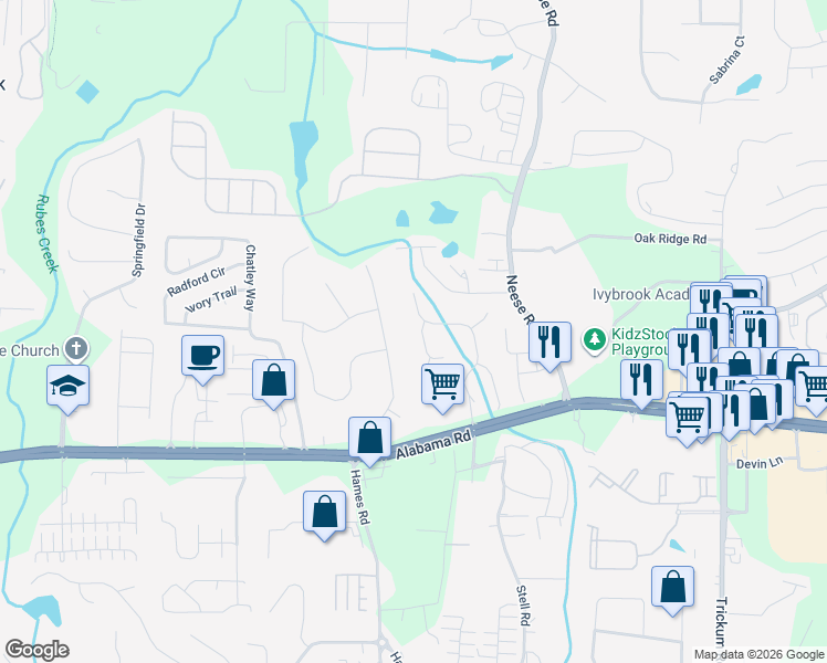 map of restaurants, bars, coffee shops, grocery stores, and more near 602 Adam Circle in Woodstock
