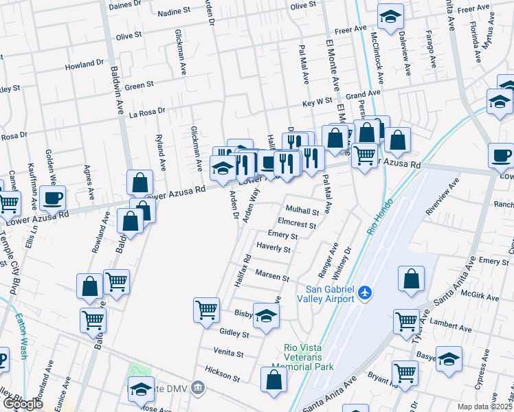 map of restaurants, bars, coffee shops, grocery stores, and more near 4640 Arden Way in El Monte