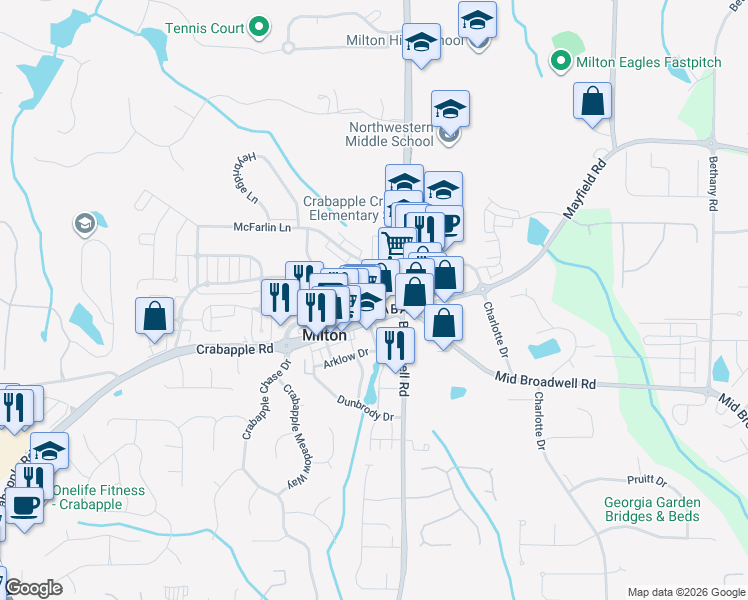 map of restaurants, bars, coffee shops, grocery stores, and more near 12680 Crabapple Road in Alpharetta