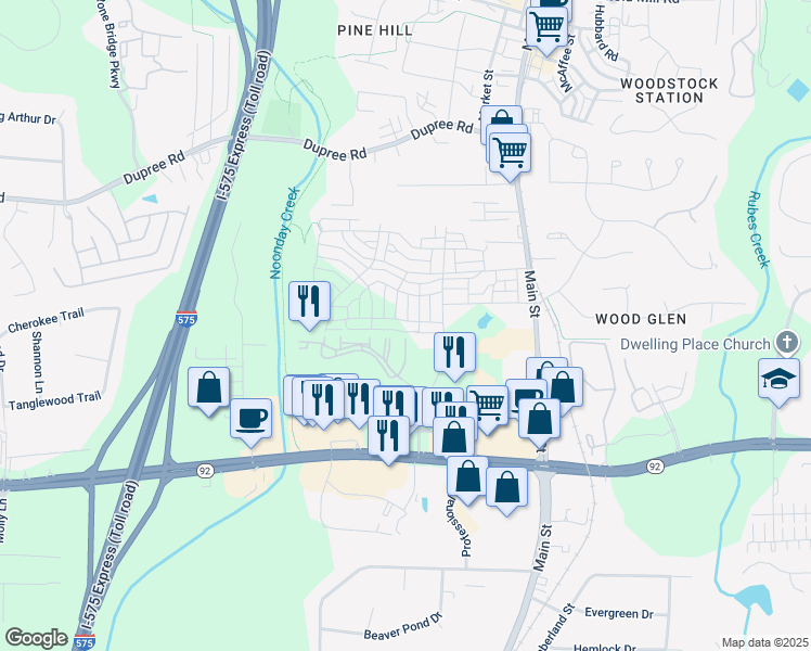 map of restaurants, bars, coffee shops, grocery stores, and more near 640 Brashy Street in Woodstock