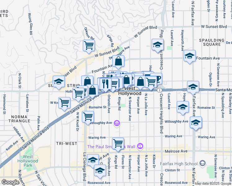 map of restaurants, bars, coffee shops, grocery stores, and more near 8350 Santa Monica Boulevard in West Hollywood