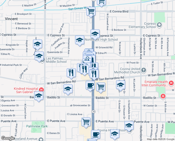 map of restaurants, bars, coffee shops, grocery stores, and more near 557 North Azusa Avenue in Covina