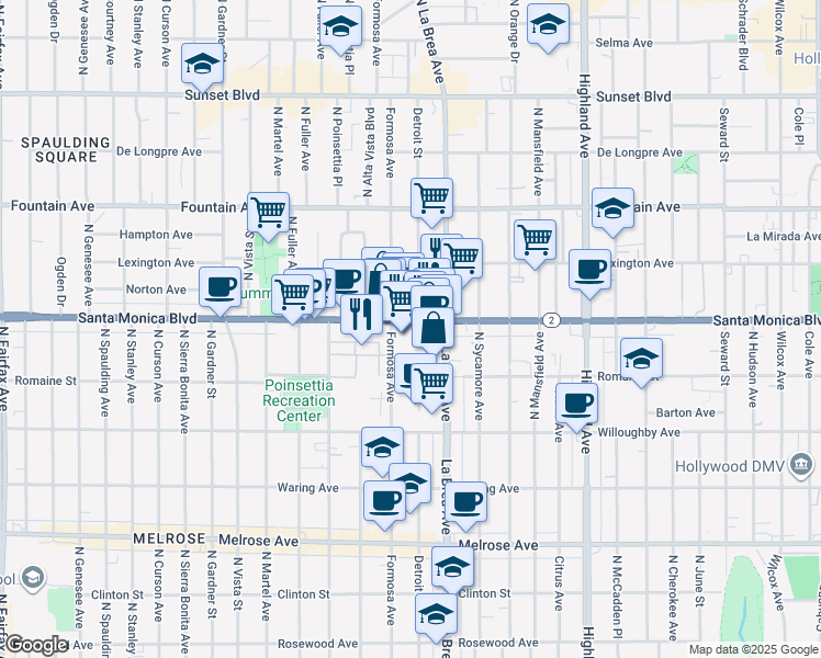 map of restaurants, bars, coffee shops, grocery stores, and more near 180 Santa Monica Boulevard in West Hollywood