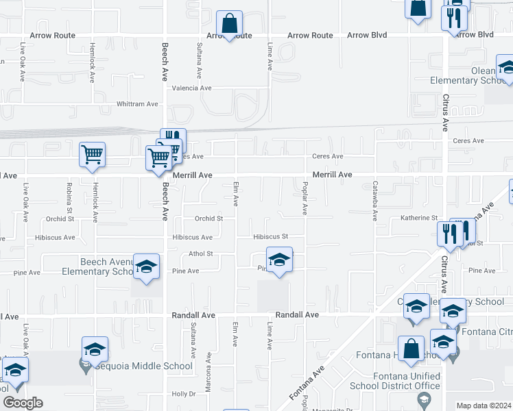map of restaurants, bars, coffee shops, grocery stores, and more near 8994 Lime Court in Fontana