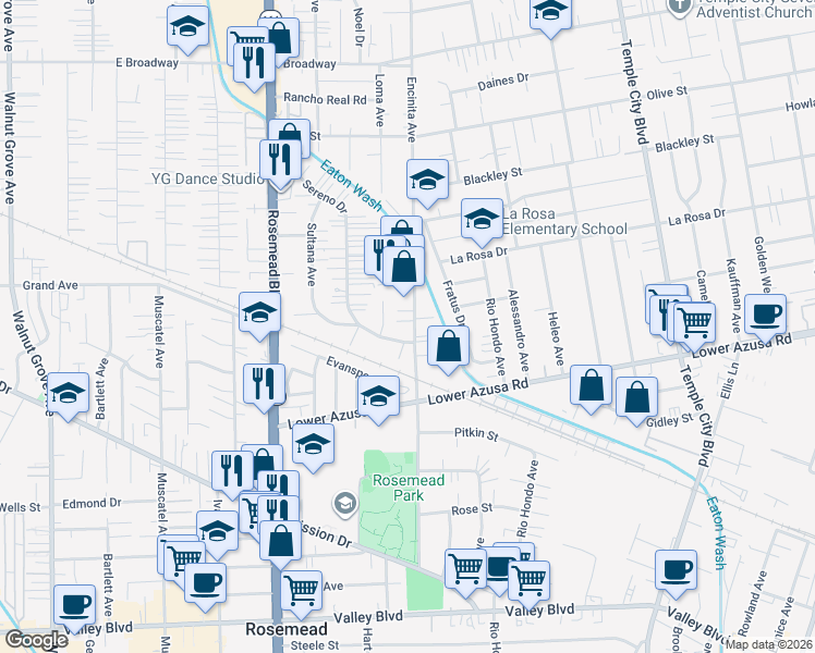 map of restaurants, bars, coffee shops, grocery stores, and more near 4917 Encinita Avenue in Temple City
