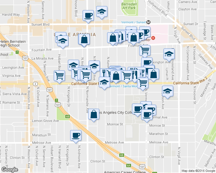 map of restaurants, bars, coffee shops, grocery stores, and more near 4952 Santa Monica Blvd in Los Angeles