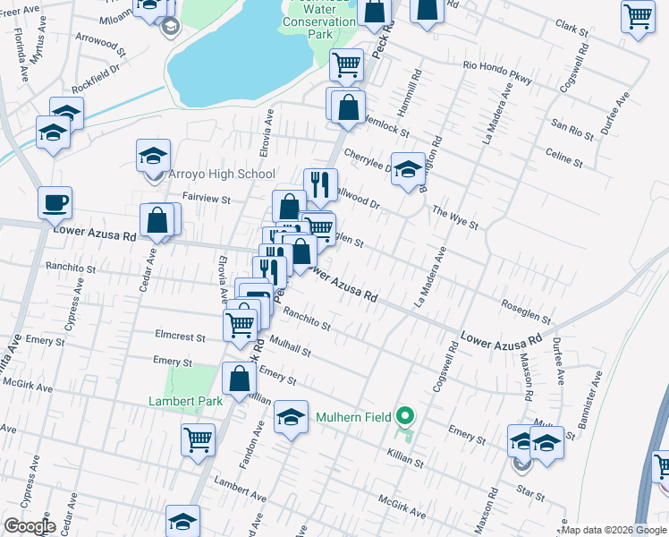 map of restaurants, bars, coffee shops, grocery stores, and more near 11657 Lower Azusa Road in El Monte