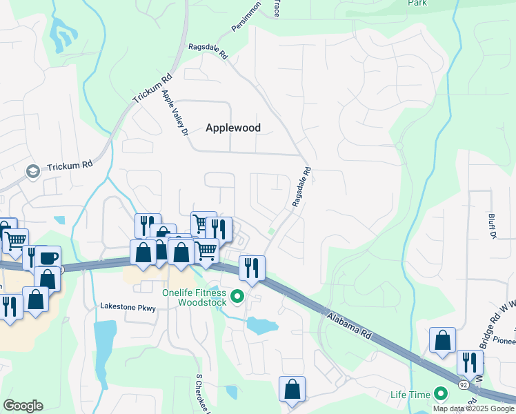 map of restaurants, bars, coffee shops, grocery stores, and more near 426 Parkstone Drive in Woodstock