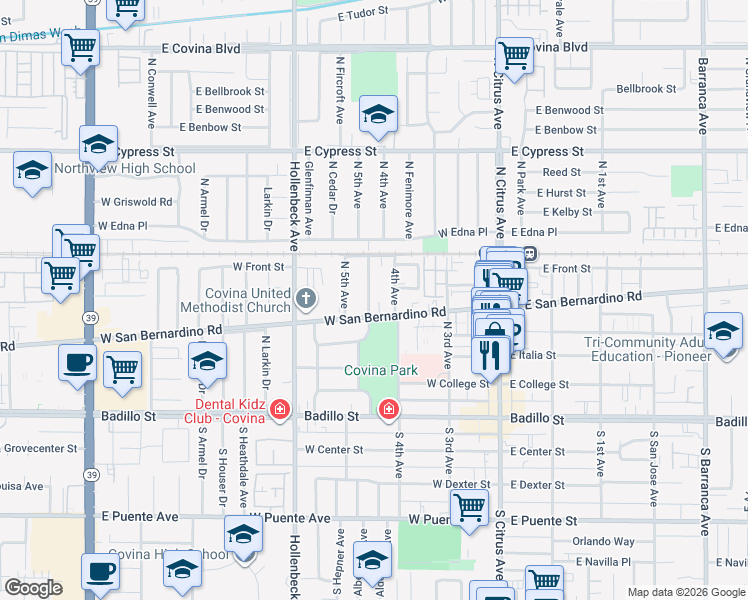 map of restaurants, bars, coffee shops, grocery stores, and more near 524 North Valencia Place in Covina