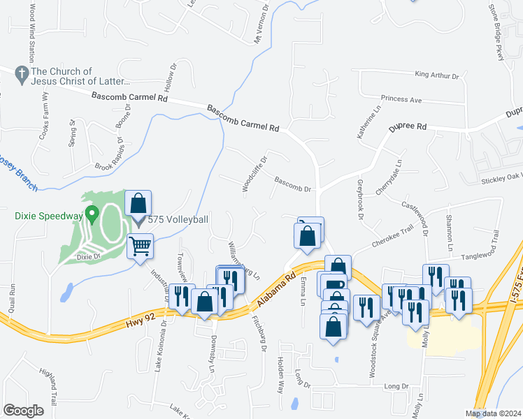 map of restaurants, bars, coffee shops, grocery stores, and more near 702 Jamestown Place in Woodstock