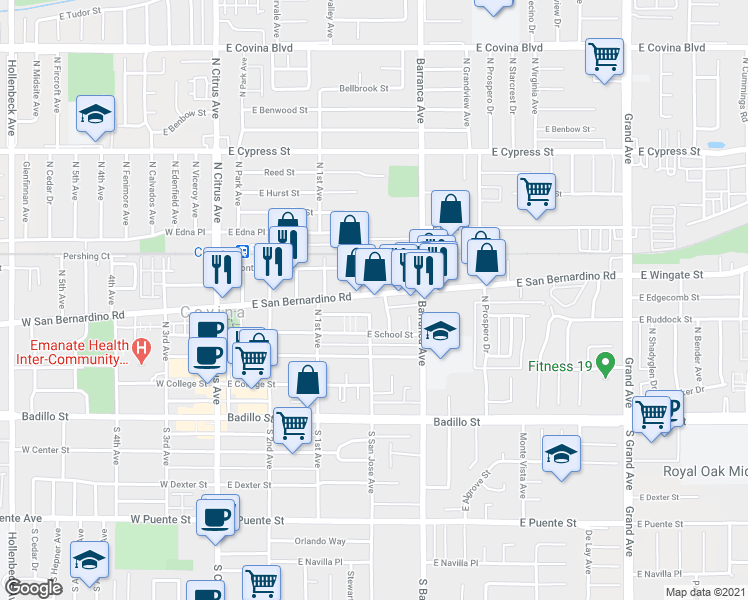 map of restaurants, bars, coffee shops, grocery stores, and more near 404 East San Bernardino Road in Covina