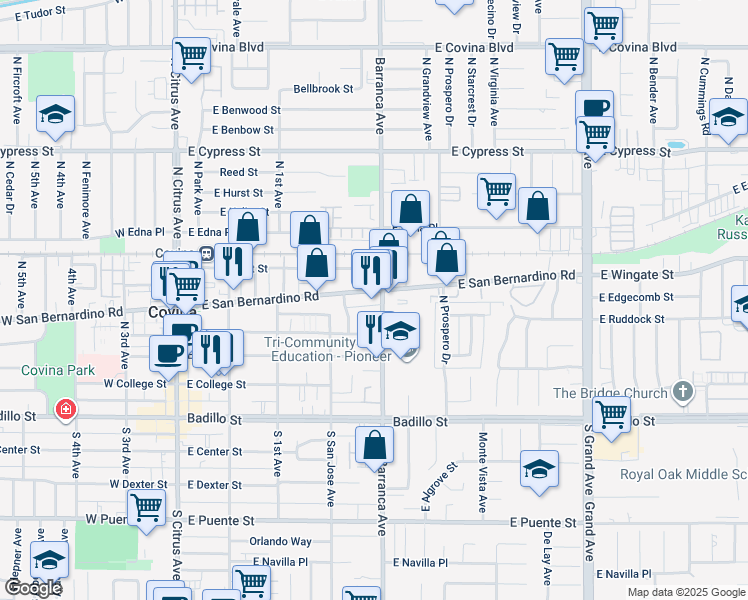 map of restaurants, bars, coffee shops, grocery stores, and more near 456 East San Bernardino Road in Covina