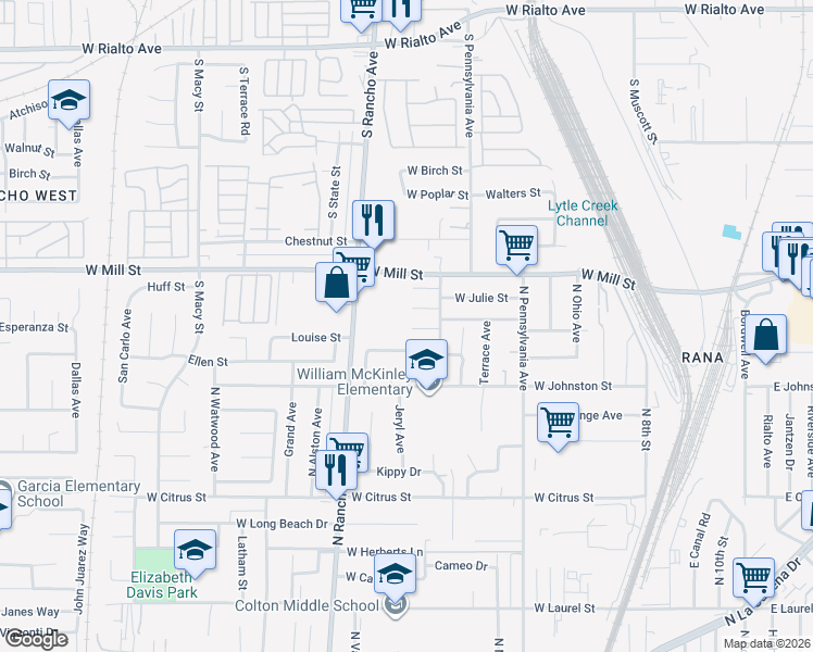 map of restaurants, bars, coffee shops, grocery stores, and more near 698 Avenida Monterey in Colton