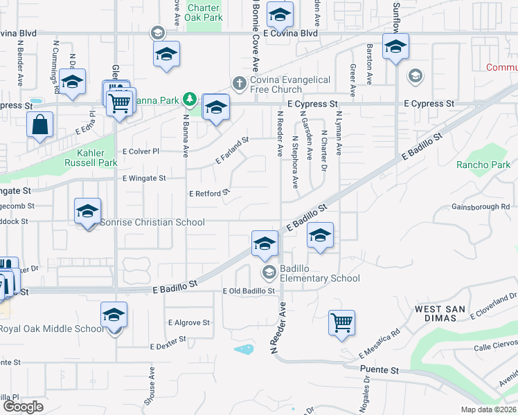 map of restaurants, bars, coffee shops, grocery stores, and more near 1708 East Edgecomb Street in Covina