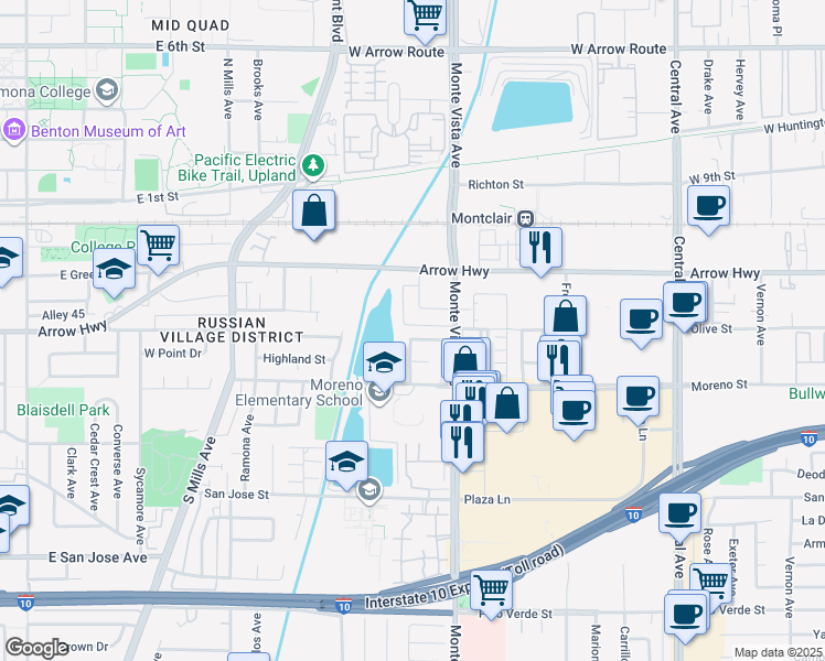 map of restaurants, bars, coffee shops, grocery stores, and more near 4832 Olive Street in Montclair