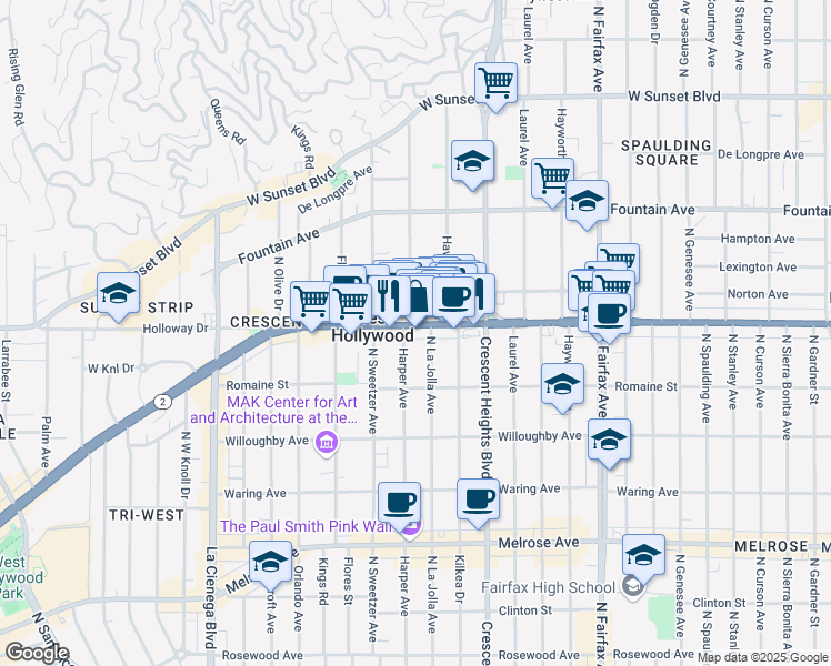 map of restaurants, bars, coffee shops, grocery stores, and more near 8224 Santa Monica Boulevard in West Hollywood