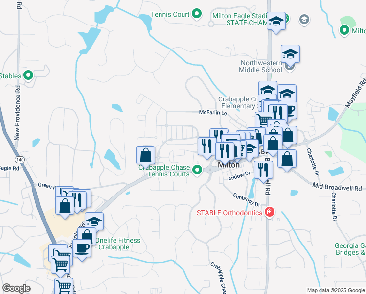 map of restaurants, bars, coffee shops, grocery stores, and more near 560 Branyan Trail in Alpharetta
