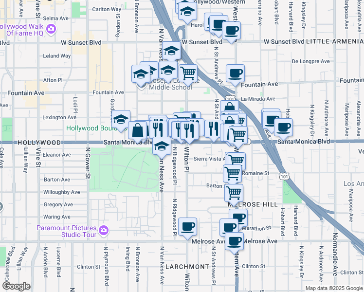 map of restaurants, bars, coffee shops, grocery stores, and more near 5708 Santa Monica Boulevard in Los Angeles