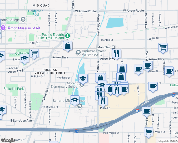 map of restaurants, bars, coffee shops, grocery stores, and more near 4832 Olive Street in Montclair