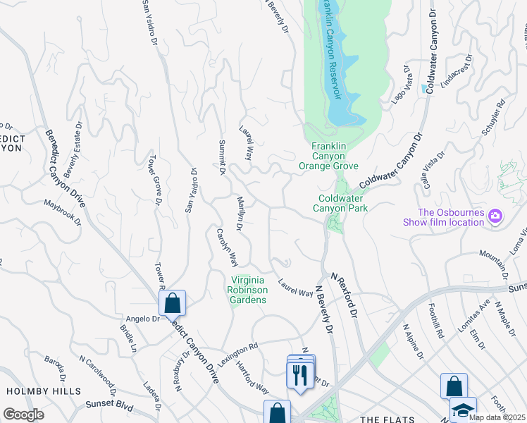 map of restaurants, bars, coffee shops, grocery stores, and more near 1091 Laurel Way in Beverly Hills