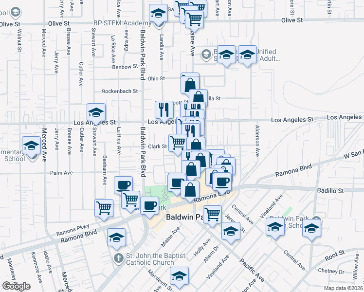 map of restaurants, bars, coffee shops, grocery stores, and more near Clark Street in Baldwin Park