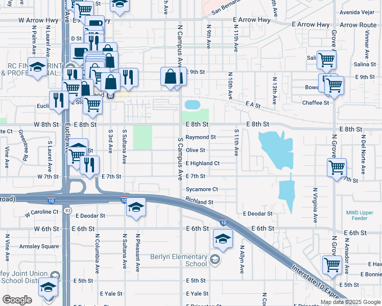 map of restaurants, bars, coffee shops, grocery stores, and more near 766 Olive Street in Upland