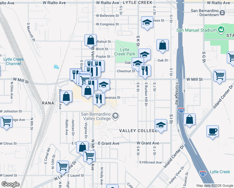 map of restaurants, bars, coffee shops, grocery stores, and more near 587 South Eureka Avenue in San Bernardino