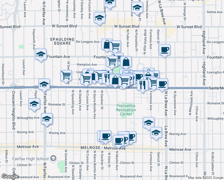 map of restaurants, bars, coffee shops, grocery stores, and more near 7404 California 2 in West Hollywood