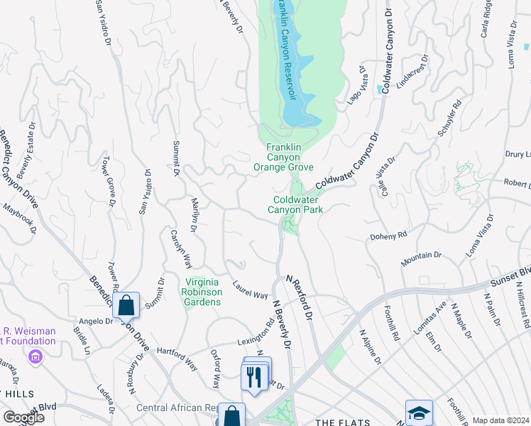 map of restaurants, bars, coffee shops, grocery stores, and more near 1054 Shadow Hill Way in Beverly Hills