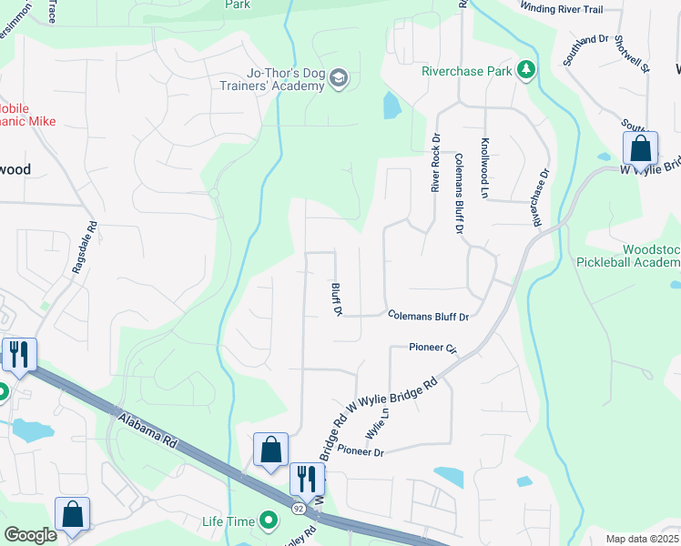 map of restaurants, bars, coffee shops, grocery stores, and more near 620 Bluff Drive in Woodstock