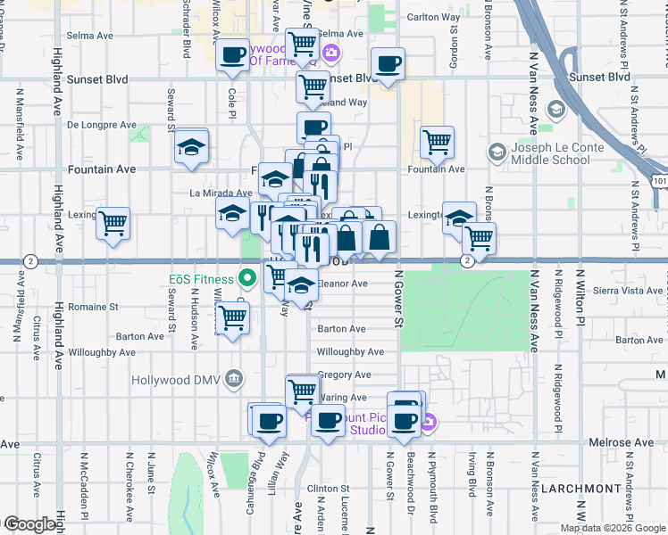 map of restaurants, bars, coffee shops, grocery stores, and more near in Los Angeles