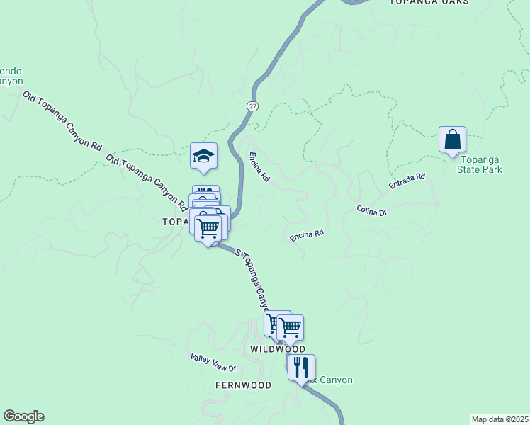 map of restaurants, bars, coffee shops, grocery stores, and more near 172 Muerdago Road in Topanga