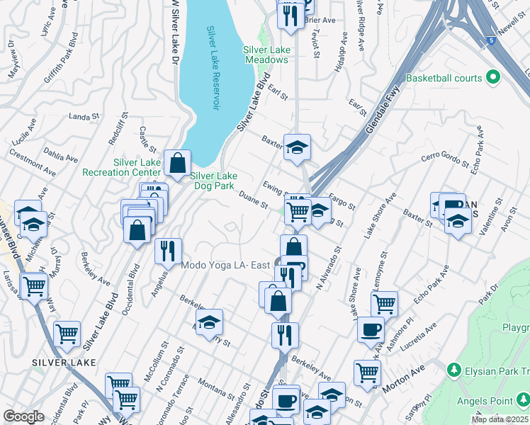 map of restaurants, bars, coffee shops, grocery stores, and more near 2258 Duane Street in Los Angeles