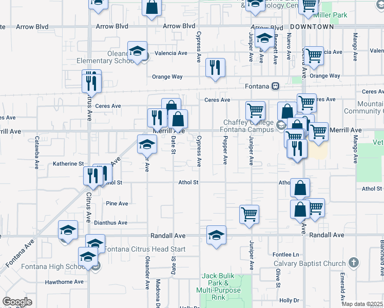 map of restaurants, bars, coffee shops, grocery stores, and more near 8982 Cypress Avenue in Fontana