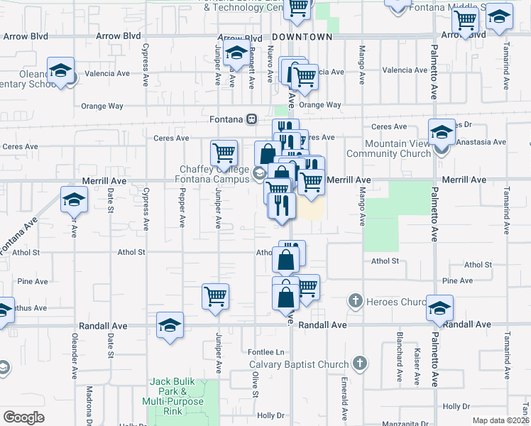 map of restaurants, bars, coffee shops, grocery stores, and more near 8985 Olive Street in Fontana