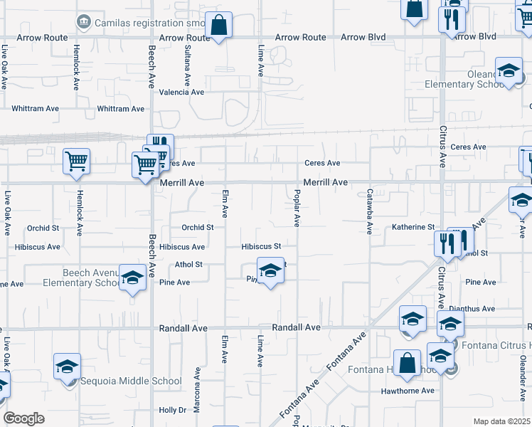map of restaurants, bars, coffee shops, grocery stores, and more near 8997 Lime Court in Fontana
