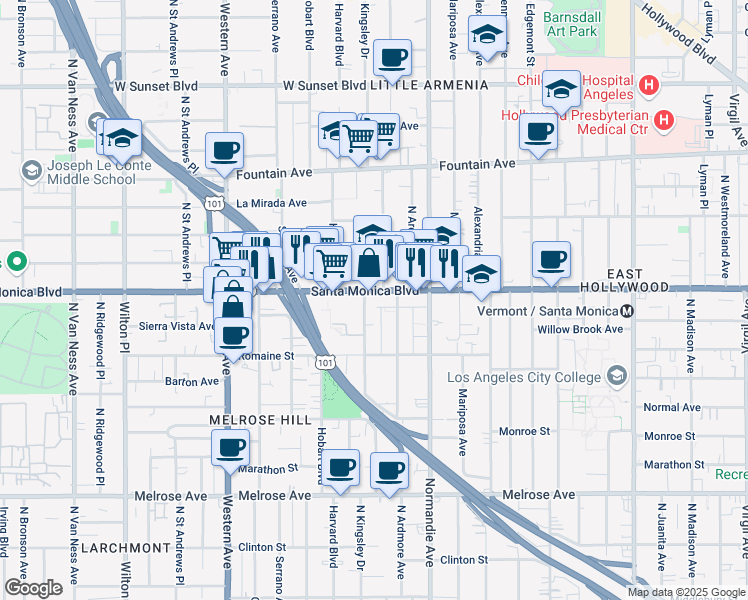 map of restaurants, bars, coffee shops, grocery stores, and more near 5206 Santa Monica Boulevard in Los Angeles