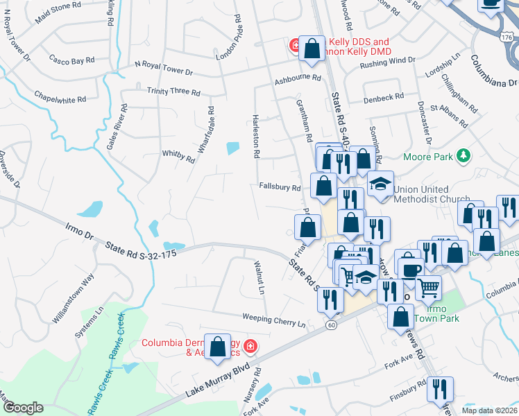 map of restaurants, bars, coffee shops, grocery stores, and more near 181 Thames Valley Court in Irmo