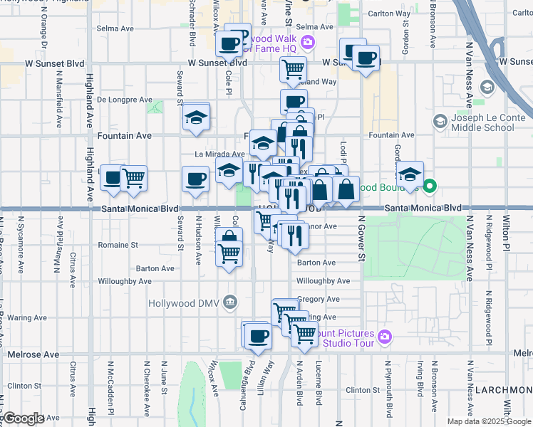 map of restaurants, bars, coffee shops, grocery stores, and more near 6301 California 2 in Los Angeles
