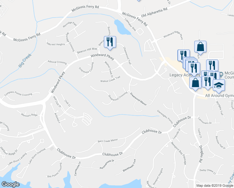 map of restaurants, bars, coffee shops, grocery stores, and more near 5015 Greatwood Lane in Alpharetta