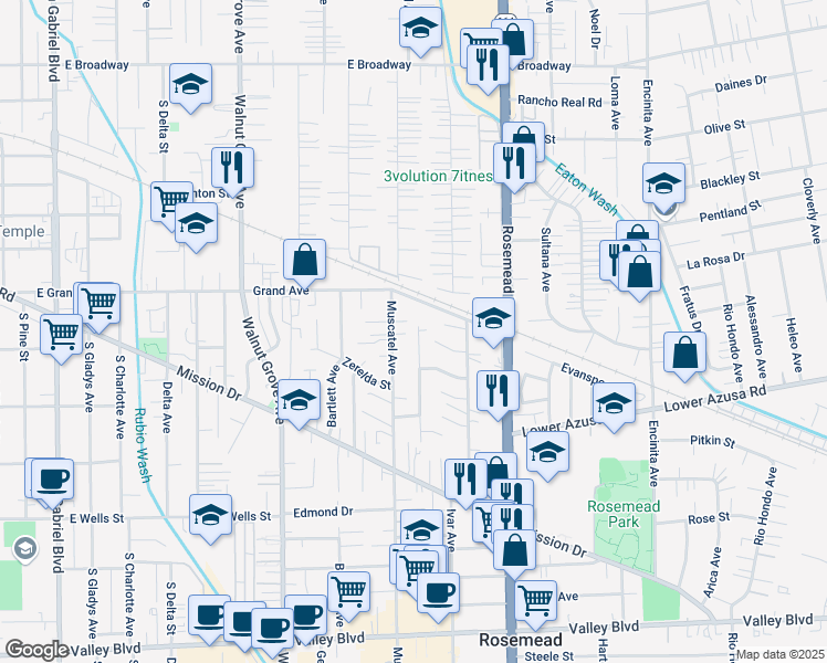 map of restaurants, bars, coffee shops, grocery stores, and more near 4743 Fendyke Avenue in Rosemead